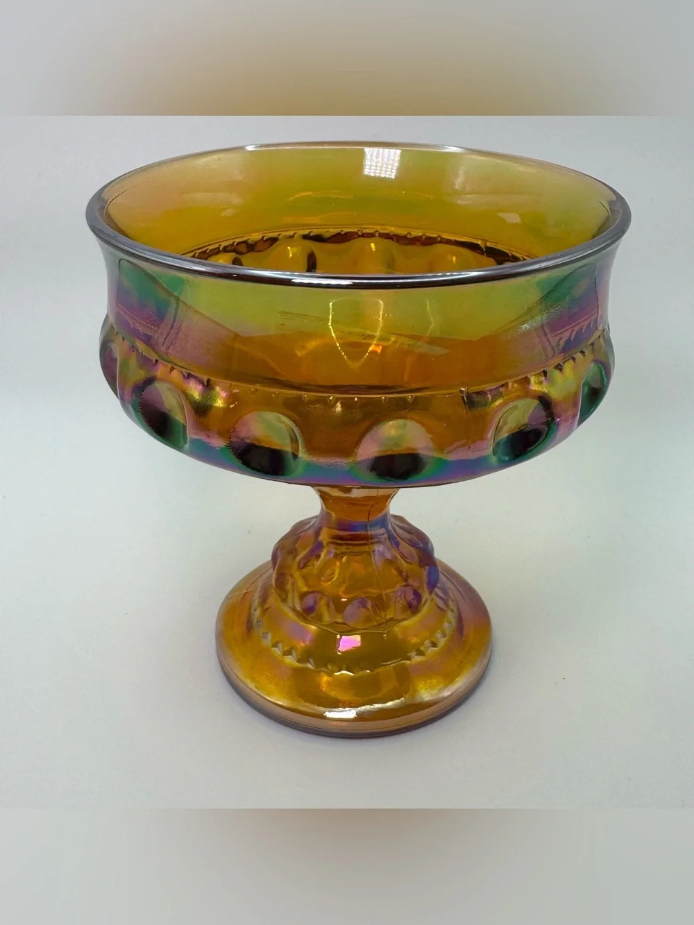 Vintage Amber Carnival Glass Pedestal Compote Iridescent Pressed Glass Candy
